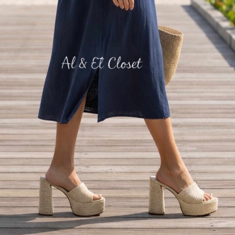 Larroudé Dolly Mule Raffia Platform Block Heels Beach Size 11New With Box